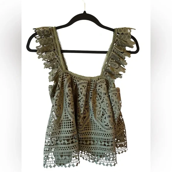 Anthropologie Eri + Ali Olive Ruffled Eyelet Lace Tank Top XS Cottagecore Boho - Picture 4 of 11